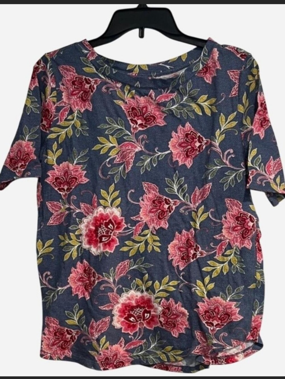 LOFT Pink, Green & Blue Gray Floral Short Sleeve Shirt Top Large